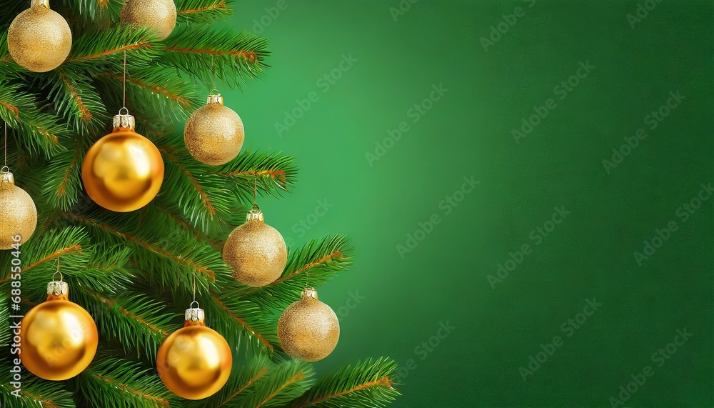 Christmas tree decorated with golden baubles on a green background. Christmas background with place for text Christmas tree decorated with golden baubles on a green background. Christmas background with place for text