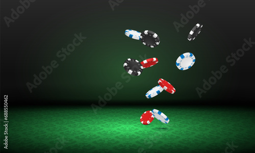 Poker table with falling chips. Casino concept. Vector illustration.