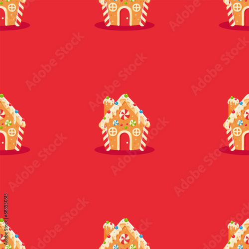 Gingerbread houses vector illustration. 
Seamless template of Christmas gingerbread houses with snow on red background