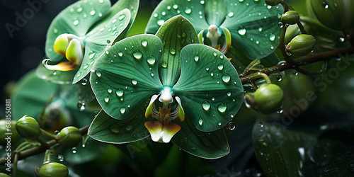 leaf with drops  green orchid flower