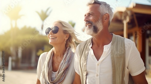 Senior Couple Enjoying Sunny Outdoor Walk. Generative ai