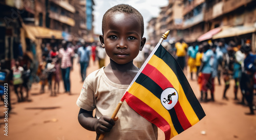 Ugandan boy holding Uganda flag in Kampala street