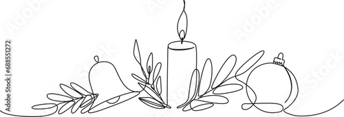 continuous single line drawing of christmas decoration, christmas ornaments line art vector illustration
