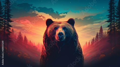 Bear Silhouette and Forest Sunrise in Double Exposure. Generative ai