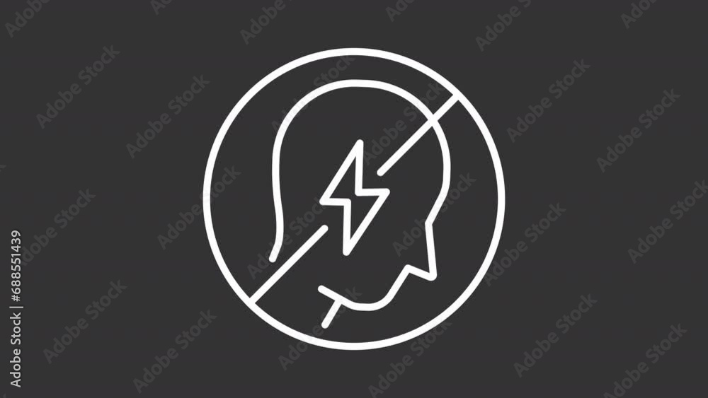 Manage stress white line animation. Head and lightning bolt animated icon. Coping with difficult events in life. Isolated illustration on dark background. Transition alpha video. Motion graphic Manage stress white line animation. Head and lightning bolt animated icon. Coping with difficult events in life. Isolated illustration on dark background. Transition alpha video. Motion graphic