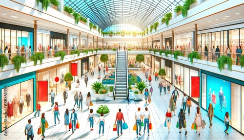 Shoppers in vibrant mall with greenery and natural light