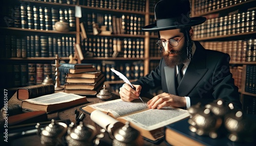 Jewish scholar studying ancient texts among library shelves