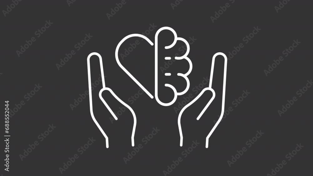 Emotional IQ white line animation. Brain and heart in hands animated icon. Understanding of feelings. Isolated illustration on dark background. Transition alpha video. Motion graphic Emotional IQ white line animation. Brain and heart in hands animated icon. Understanding of feelings. Isolated illustration on dark background. Transition alpha video. Motion graphic