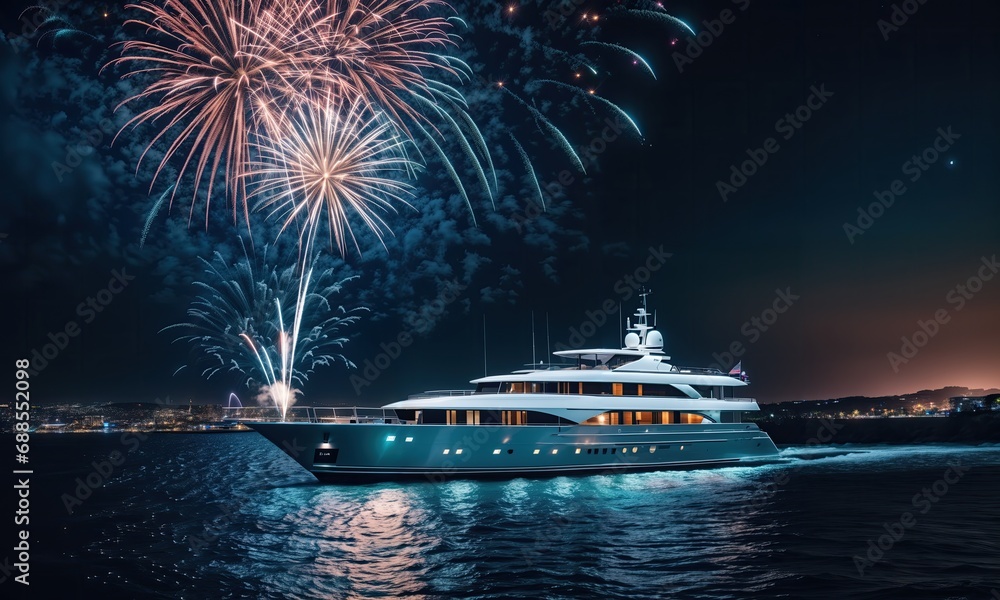 modern rich yacht at night with fireworks - obrazy, fototapety, plakaty 