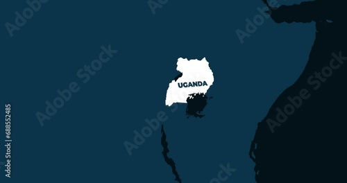 World Map Zoom In To Uganda. Animation in 4K Video. White Uganda Territory On Dark Blue World Map photo