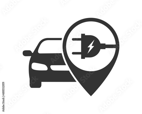 Car charging station on map pointer graphic icon. Charging point sign isolated on white background. Vector illustration