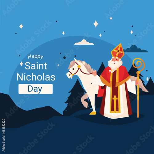Flat sinterklaas vector background a santa stand with the horse