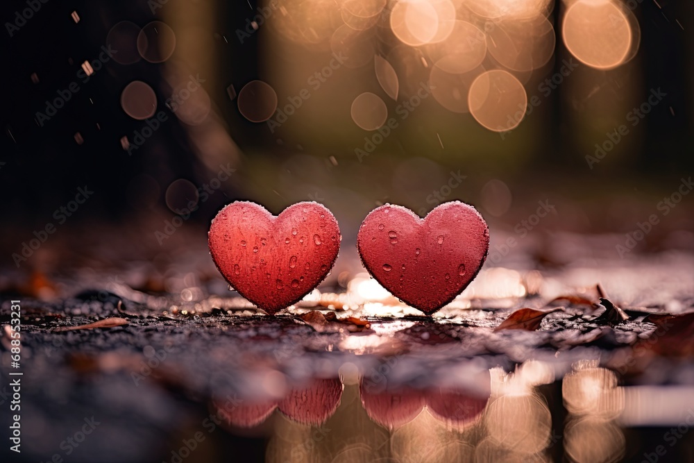 Fototapeta premium Two red hearts in the rain. Love and romance concept. Postcard design. Generative Ai