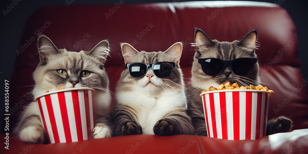 white cat in a box,Cat watching a movie. Cute cats with popcorn in cinema and watching a film Generative AI,Whiskers at the Cinema A Cat's 3D Movie Night in the Red Armchair - obrazy, fototapety, plakaty 