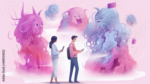 Online harassment illustration: Anxious couple on mobiles face mocking monsters. photo