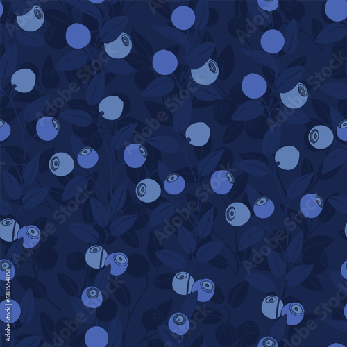 Blueberry.  Seamless pattern with wild berries on blue. Stylish vector floral background. Perfect for design templates, wallpaper, wrapping, fabric, print and textile.