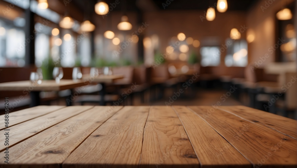 empty wooden table with blurred restaurant interior empty wooden table with blurred restaurant interior