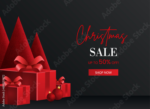 Christmas And New Year Festive Advertising Background Black Product Podium. Red gift boxes. Christmas concept. Space for display product