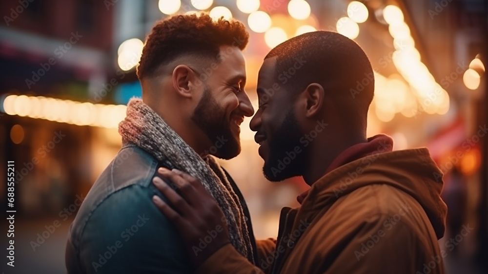 Two happy beautiful young African American men in love hugging on a summer city street