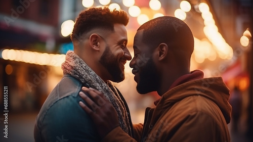 Two happy beautiful young African American men in love hugging on a summer city street © Marina