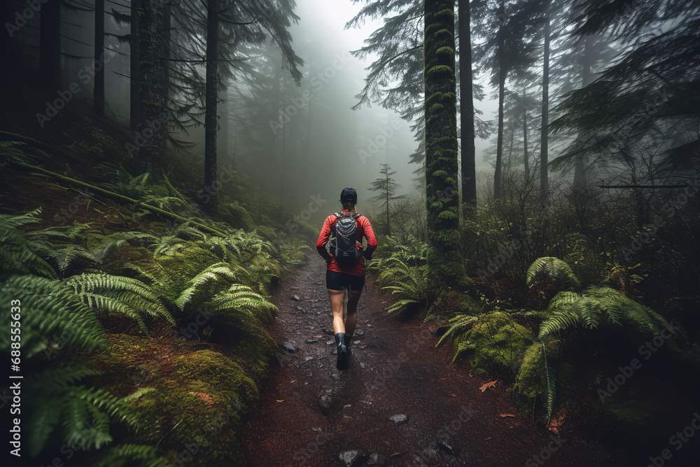 Obraz premium A trail runner demonstrates endurance and agility while navigating a rugged forest path, embracing nature's obstacle course as a fitness challenge
