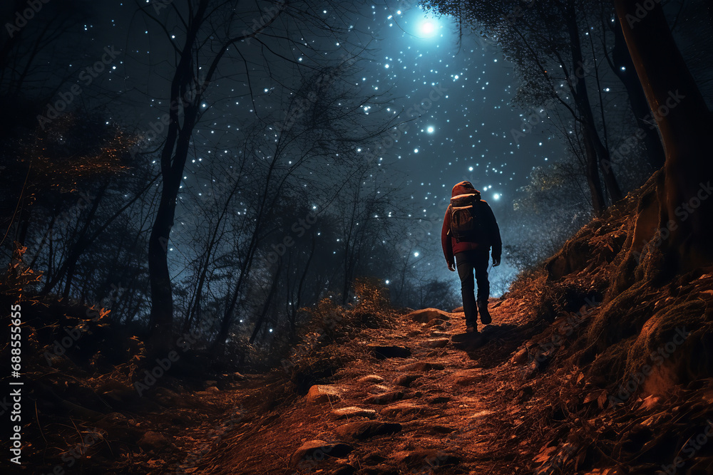  A night hike under a full moon, where hikers experience a unique nocturnal ambiance along a moonlit path, surrounded by stars and shadows.
