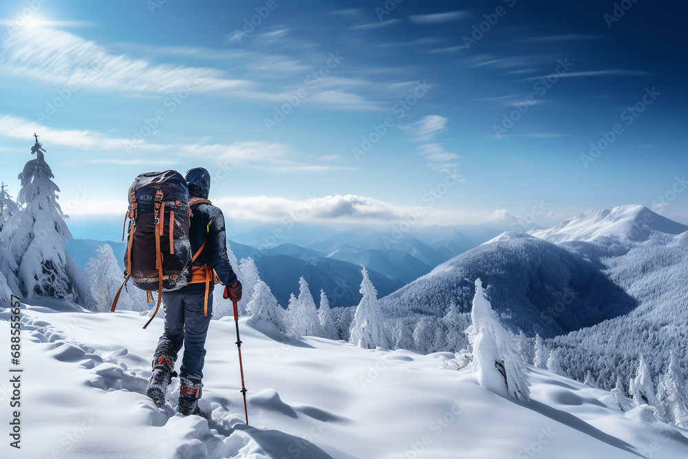 A winter hiking scene in a snowy landscape, where a hiker equipped with snowshoes enjoys the serene beauty and peaceful solitude of winter.
A winter hiking scene in a snowy landscape, where a hiker equipped with snowshoes enjoys the serene beauty and peaceful solitude of winter.