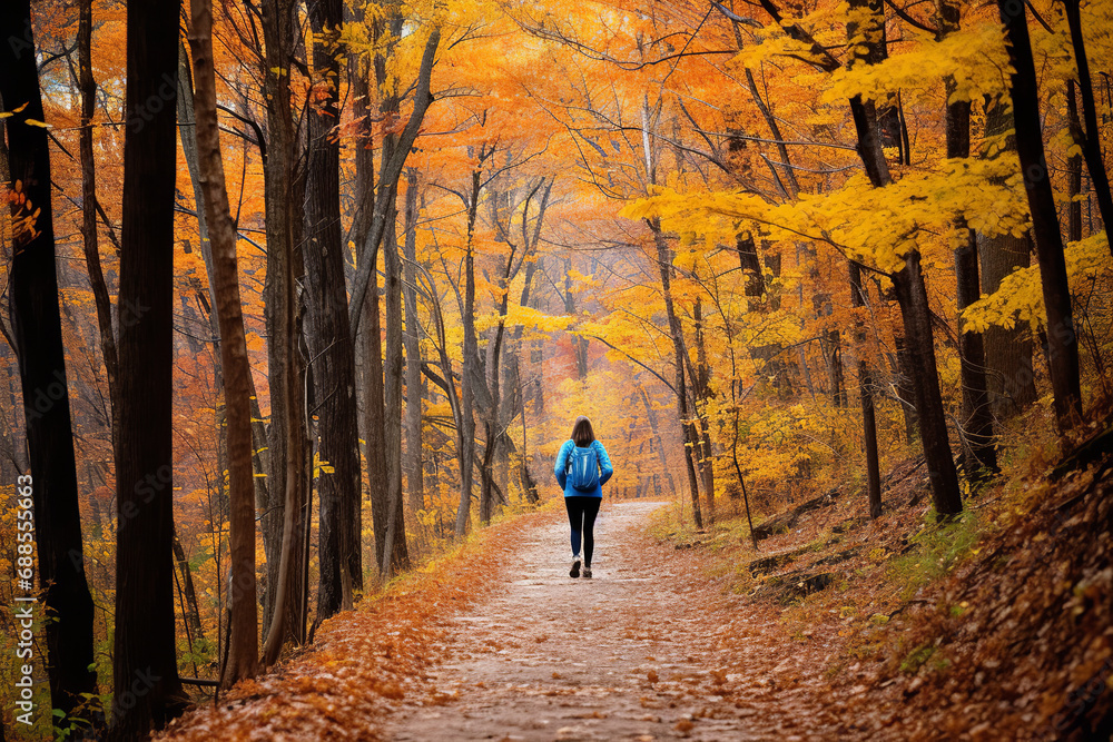 A peaceful hike through autumn woods, surrounded by colorful foliage and breathing in the crisp air, witnessing nature's seasonal transformation


