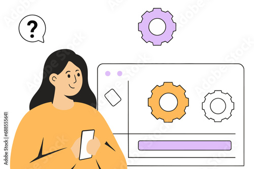 Woman engineer designs technical mechanism using program, flat vector illustration.