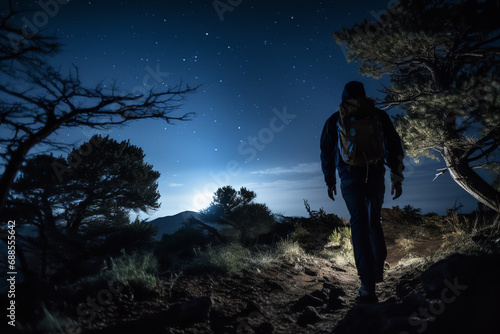  Hikers embark on a night hike under a starry sky  guided by moonlight  encountering nocturnal wildlife and celestial beauty in a peaceful night. 