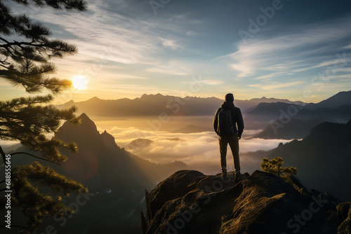  A solo hiker reaches a mountain peak at sunrise, experiencing the early morning tranquility and spectacular views, along with a sense of accomplishment.  © Davivd