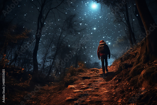  A night hike under a full moon, where hikers experience a unique nocturnal ambiance along a moonlit path, surrounded by stars and shadows.
 photo