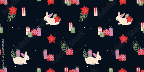 Christmas seamless pattern with white rabbit  pine branches and gift box. Vector pattern for Christmas  holiday design  textiles  postcard.