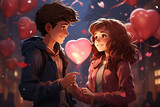 Anime style boy gives girl a heart-shaped balloon, love, Valentine's Day concept