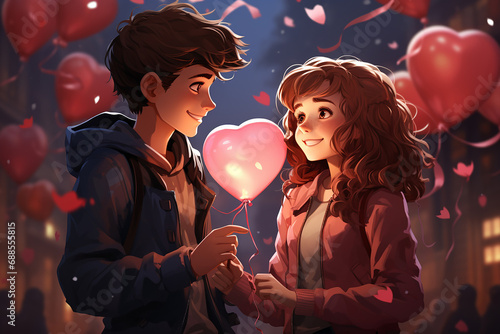 Anime style boy gives girl a heart-shaped balloon, love, Valentine's Day concept