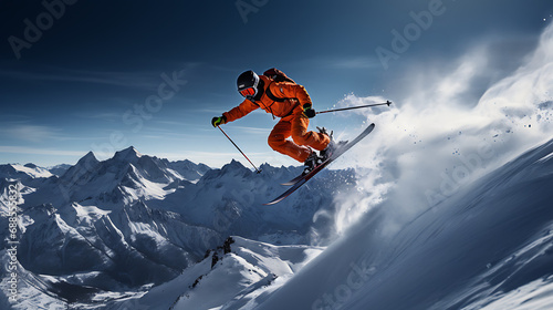 skier jumping on the slope in the mountains - wintersport.  photo