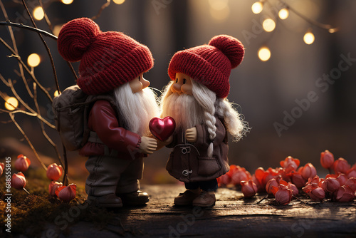gnome gives girl gnome a heart-shaped balloon, Valentine's Day concept