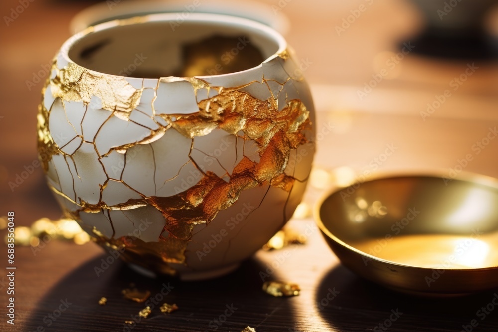 Antique black and gold Kintsugi bowl. Restoration of golden cracks on old Japanese pottery restored using antique restoration techniques
