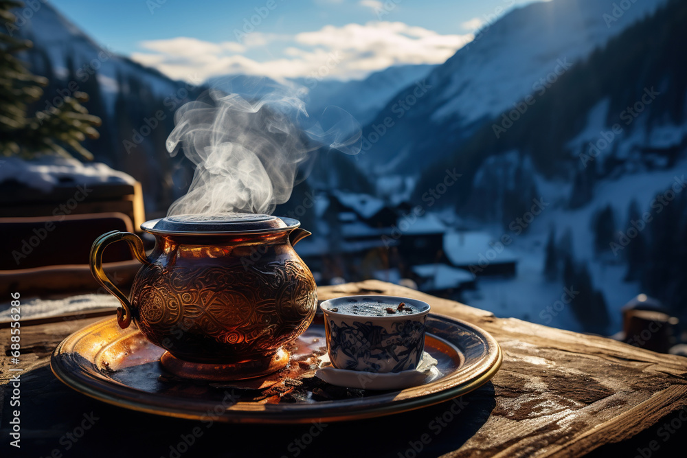Hot tea high in the mountains. Harmony with nature. Generated by artificial intelligence - obrazy, fototapety, plakaty 