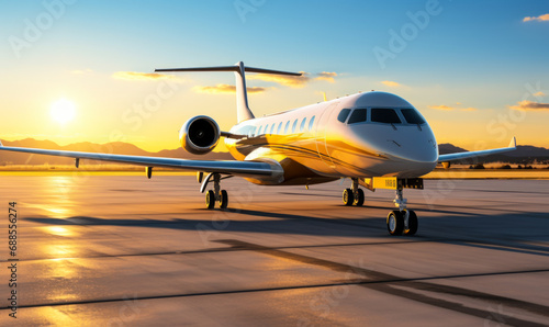 Luxurious private jet aircraft parked on airport runway bathed in the golden hues of sunset, symbolizing exclusive travel and modern aviation photo