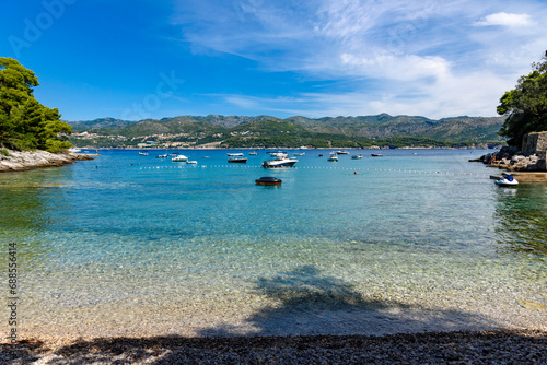 Fototapeta Naklejka Na Ścianę i Meble -  Sudjuradj, Croatia - August 09, 2023: Village of Sudjuradj, island of Sipan, near Dubrovnik, Adriatic sea, Croatia