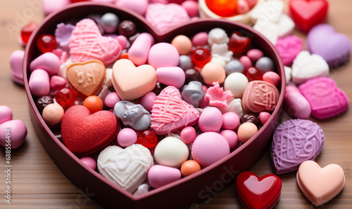 A heart-shaped box full of various Valentine's Day candies and chocolates, adorned with romantic pink and red confections, perfect for gifting photo