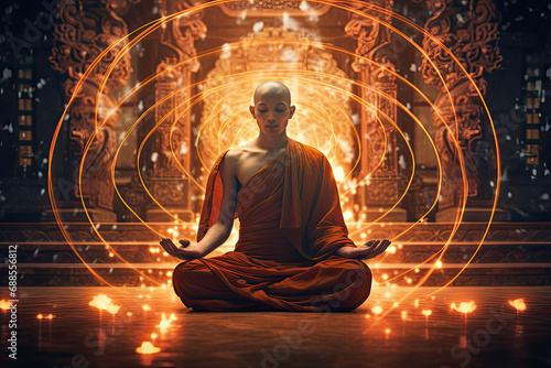 Asian monk meditating with glowing chakra light in a temple