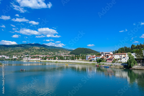 Visegrad, Republic of Srpska, Bosnia and Herzegovina - August 13, 2023: View of the city of Visegrad in Bosnia and Herzegovina and the Drina River 