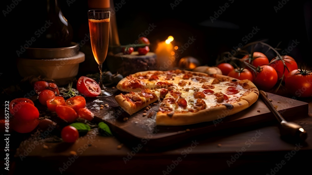Pizza, tomatoes, a glass of wine on the kitchen table, a candle in the background and darkness.