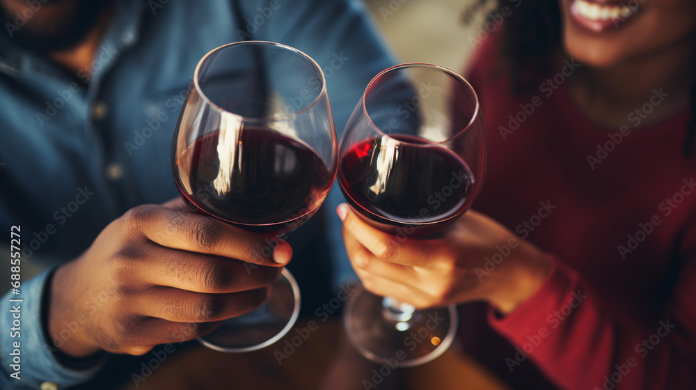Couple with glasses of red wine. 