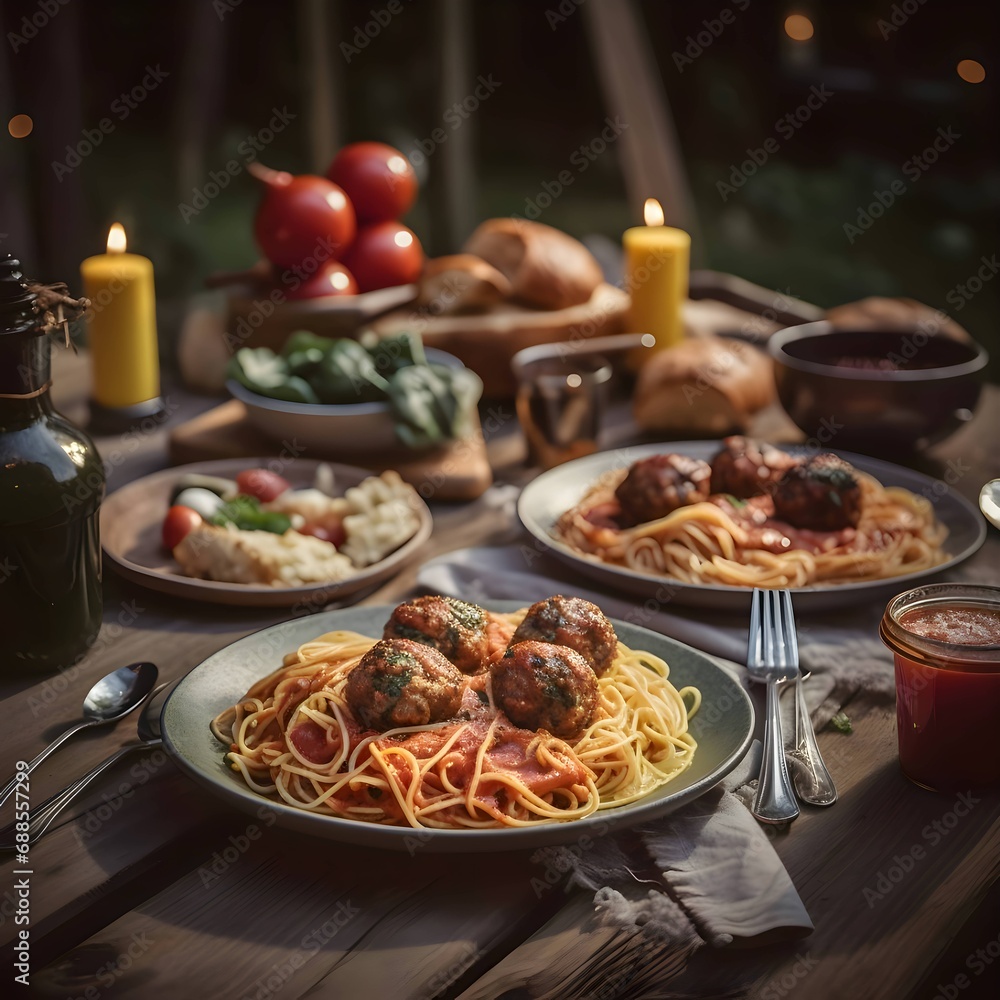 A wooden table, plates of noodles and pullets, candles in the background.