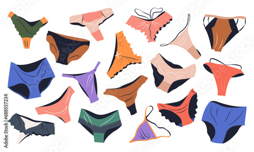 Set of panties, underwear for women. Fashion collection with various types of underclothing. String, thong, tanga, bikini. isolated cartoon vector illustrations with lingerie on white background. photo