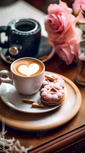 A mug with coffee, a drawn white heart made of coffee foam, a white cake tray and a rose in the background. The whole on a draped table.