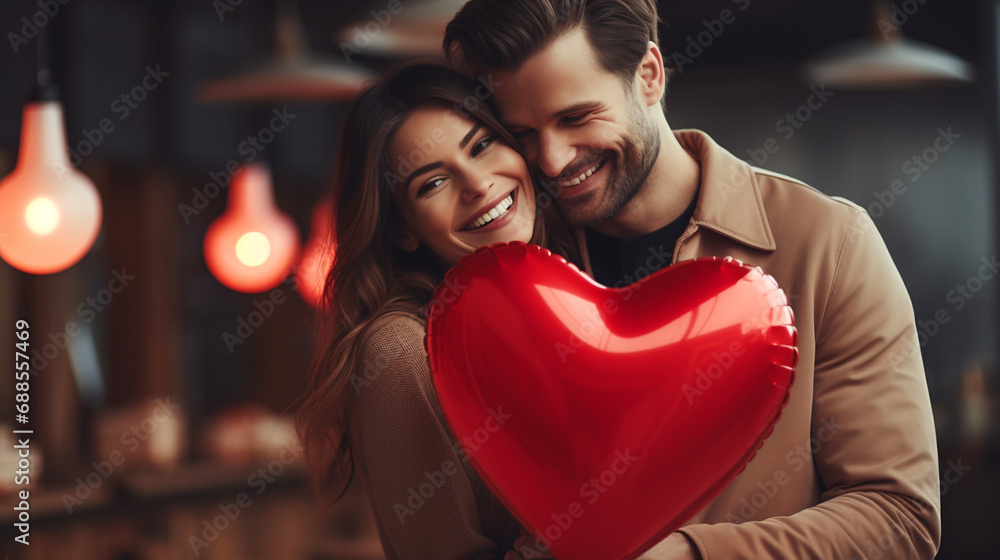 Couple in love holding big red heart and smiling. 